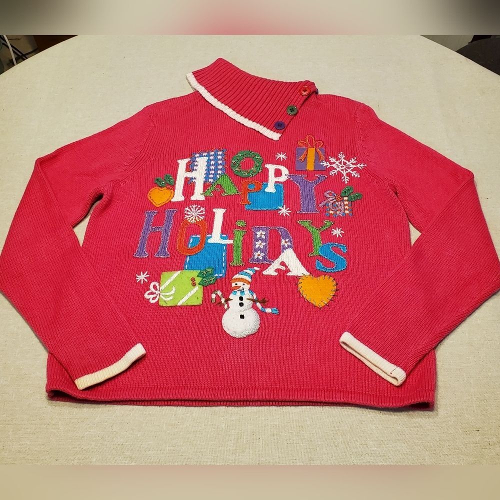 Tiara International Christmas Collection "Happy Holidays" PINK Sweater Size L